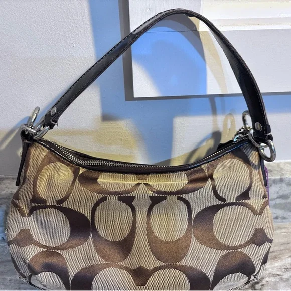 Vintage Coach Signature Jacquard Stripe Demi Brown and Tan Shoulder Bag